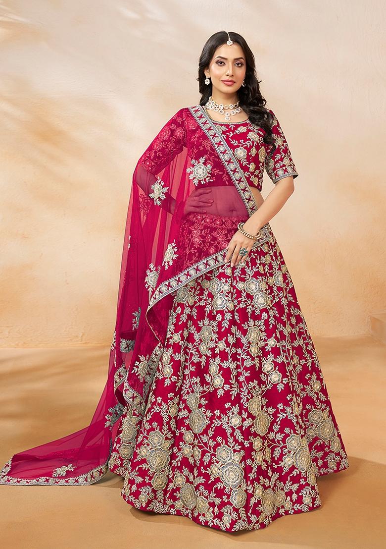 Pink Embroidered Silk Lehenga Set With Dupatta - Indya
