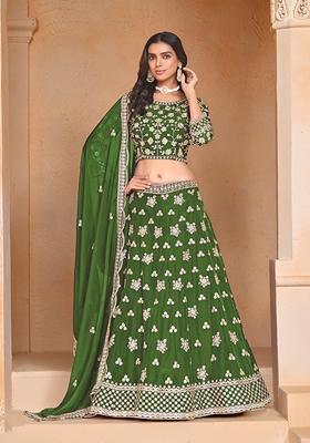 Green Embroidered Silk Lehenga Set With Dupatta