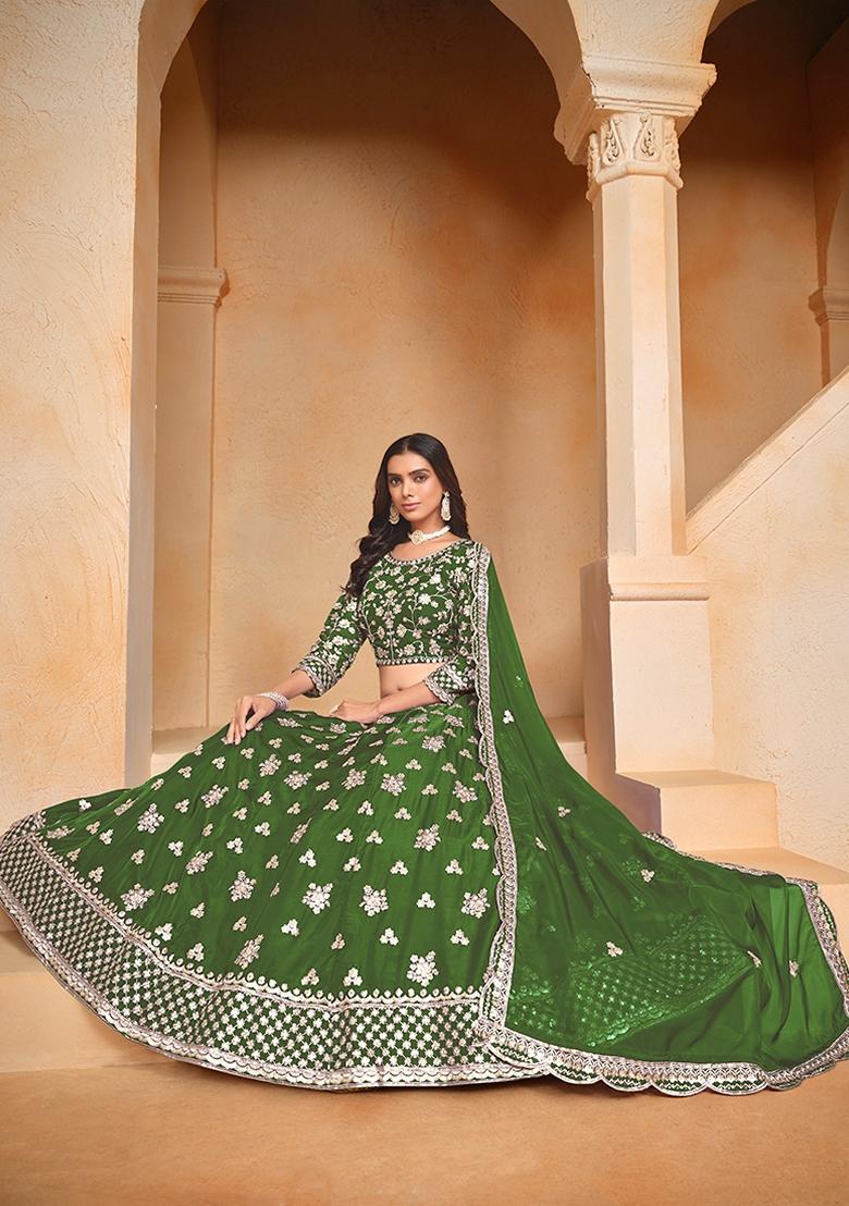 Green Embroidered Silk Lehenga Set With Dupatta - Indya