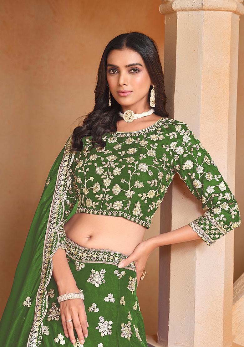 Green Embroidered Silk Lehenga Set With Dupatta - Indya