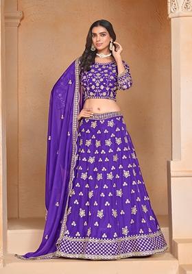 Purple Embroidered Silk Lehenga Set With Dupatta
