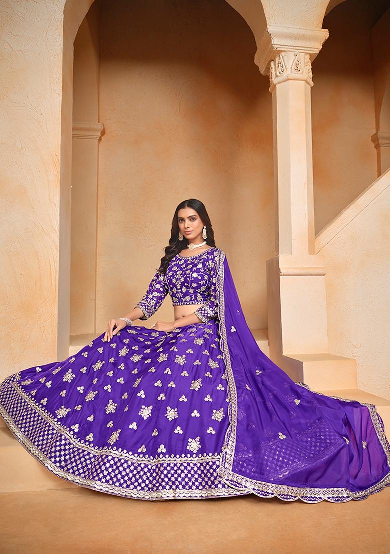 Purple Embroidered Silk Lehenga Set With Dupatta - Indya