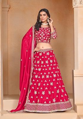 Pink Embroidered Silk Lehenga Set With Dupatta