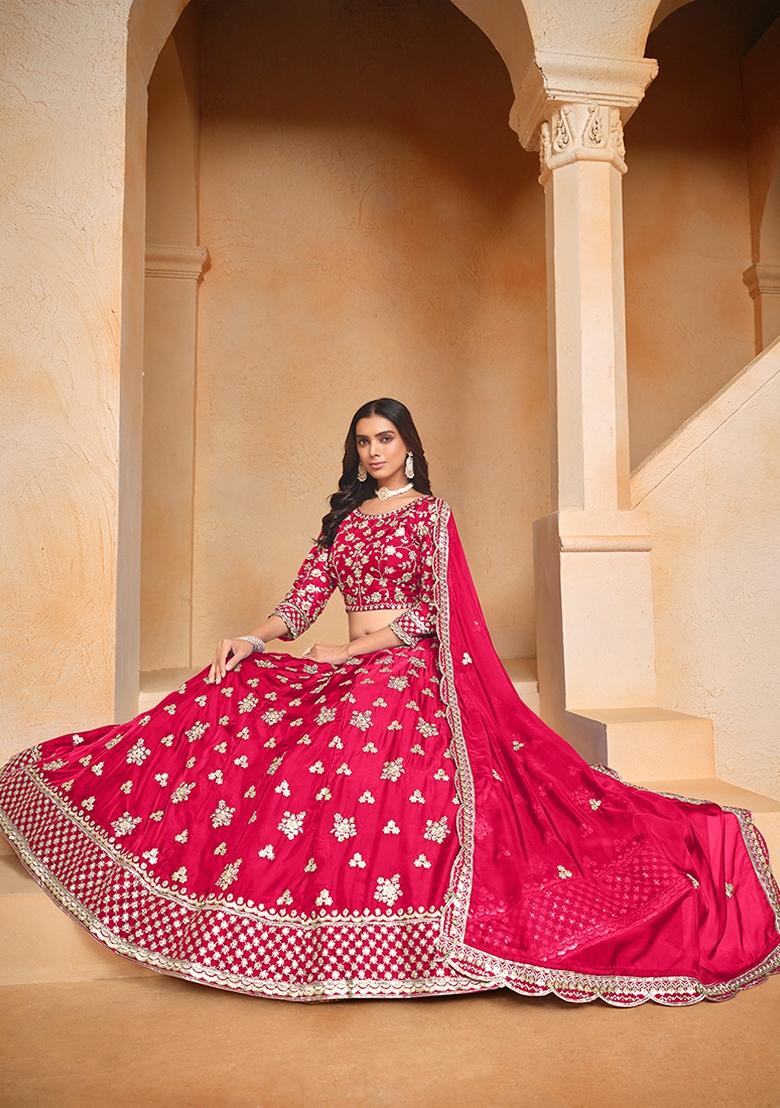 Pink Embroidered Silk Lehenga Set With Dupatta - Indya