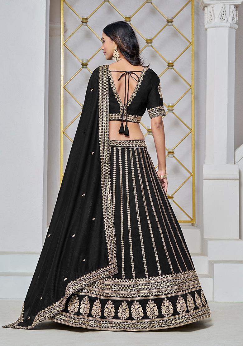 Black Embroidered Silk Lehenga Set With Dupatta - Indya