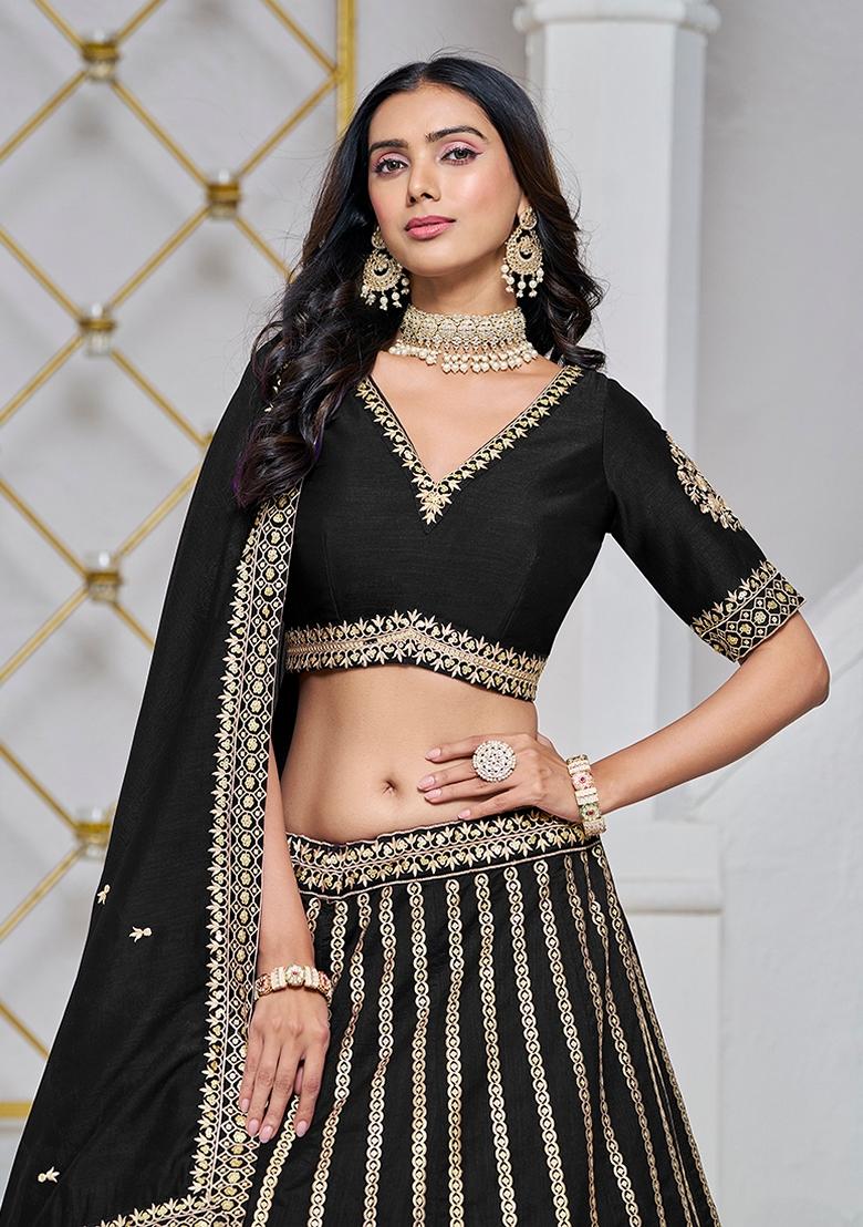Black Embroidered Silk Lehenga Set With Dupatta - Indya