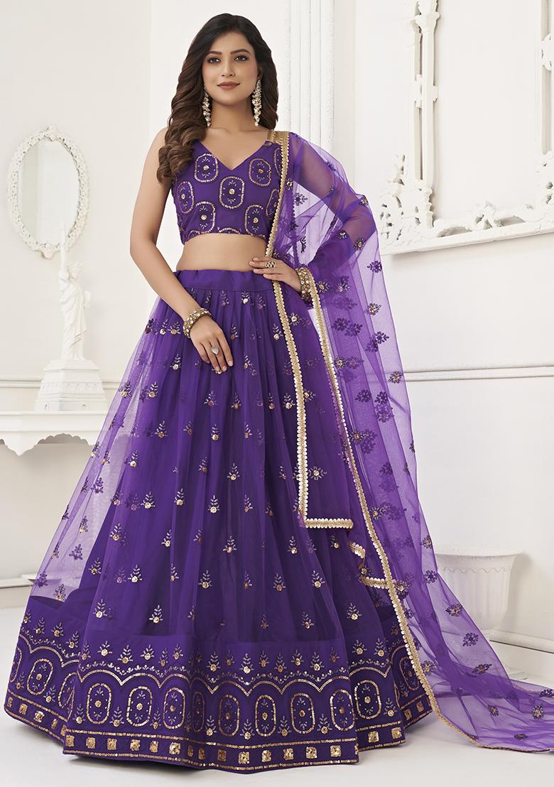 Purple Thread Embroidered Butterfly Net Lehenga Set