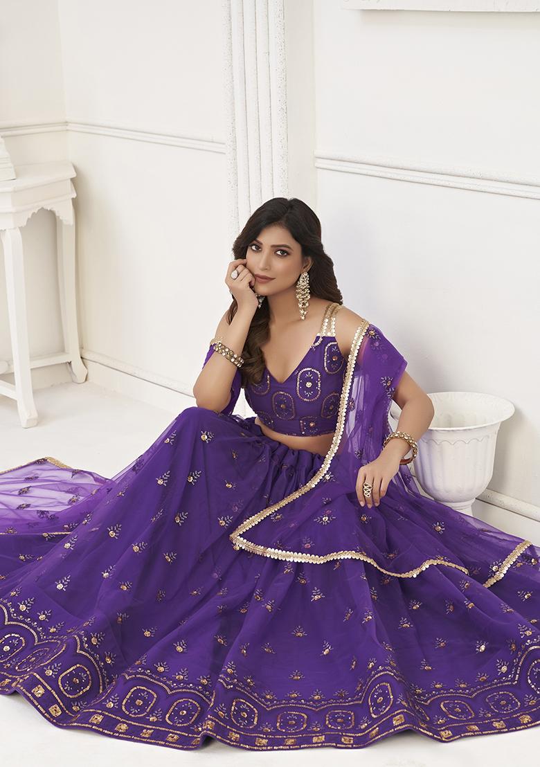 Purple Thread Embroidered Butterfly Net Lehenga Set