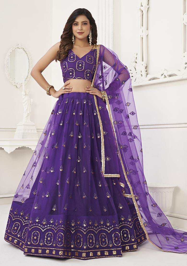 Purple Thread Embroidered Butterfly Net Lehenga Set