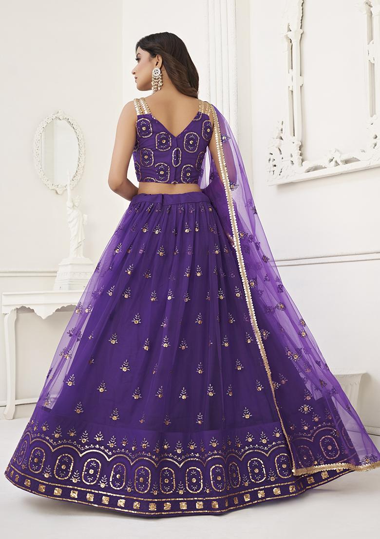 Purple Thread Embroidered Butterfly Net Lehenga Set
