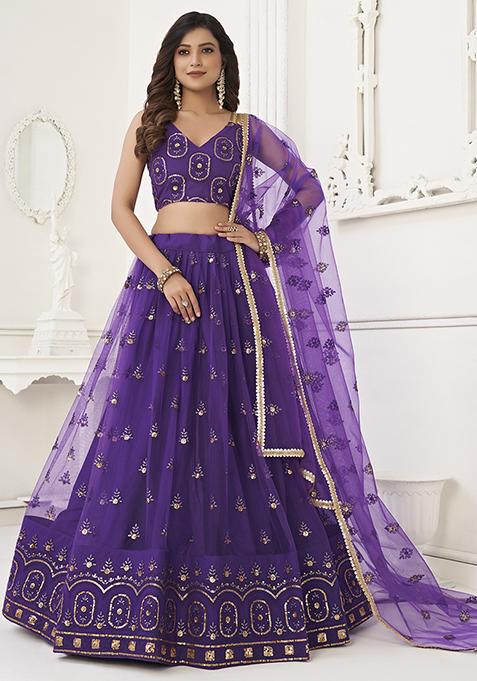 Purple Thread Embroidered Butterfly Net Lehenga Set