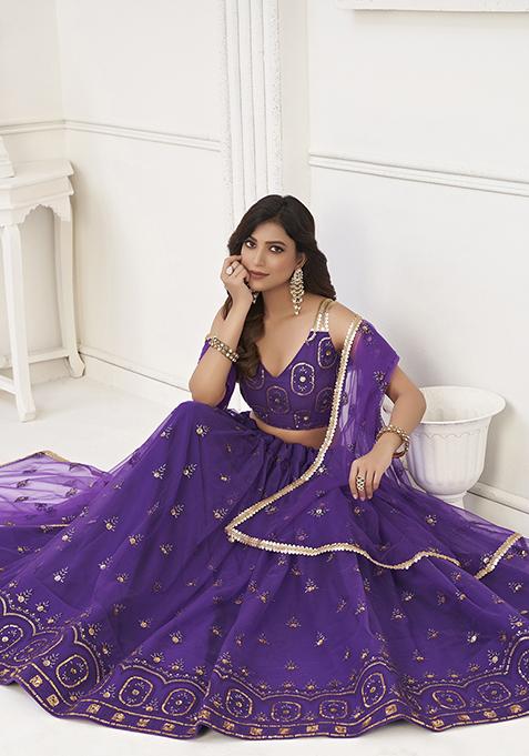 Purple Thread Embroidered Butterfly Net Lehenga Set