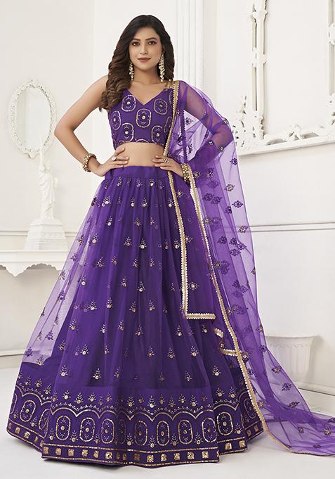 Purple Thread Embroidered Butterfly Net Lehenga Set