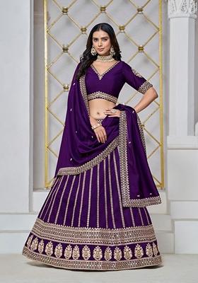 Purple Embroidered Silk Lehenga Set With Dupatta
