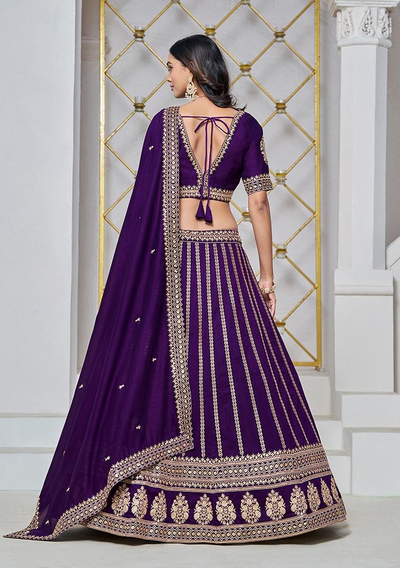 Purple Embroidered Silk Lehenga Set With Dupatta - Indya
