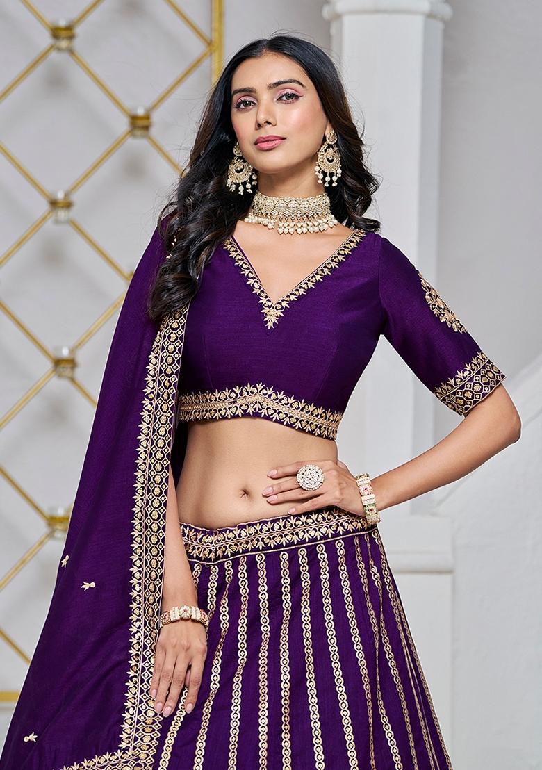 Purple Embroidered Silk Lehenga Set With Dupatta - Indya