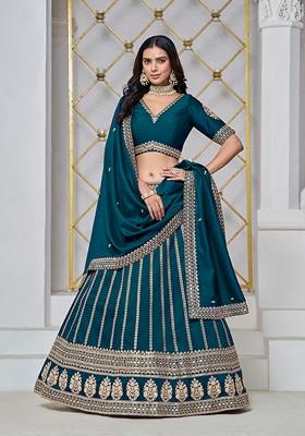 Blue Embroidered Silk Lehenga Set With Dupatta