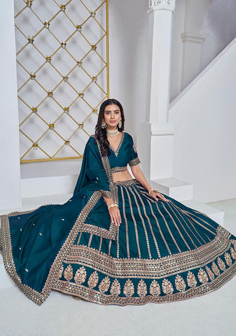 Blue Embroidered Silk Lehenga Set With Dupatta - Indya