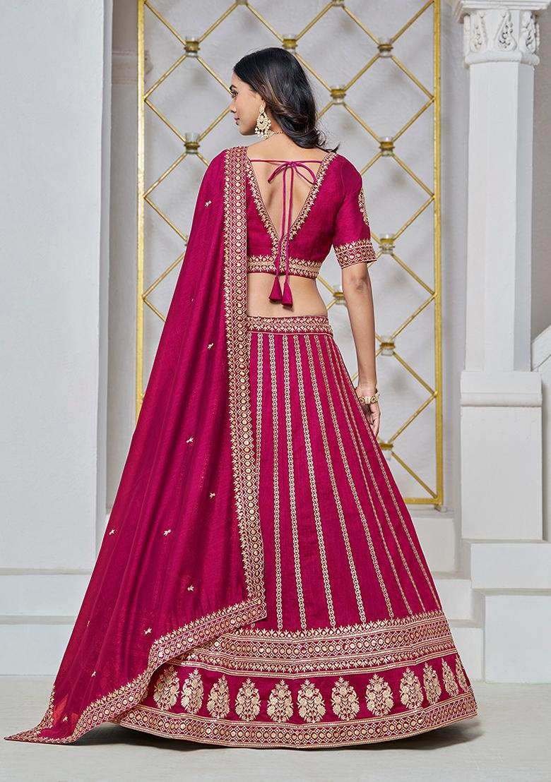 Pink Embroidered Silk Lehenga Set With Dupatta - Indya