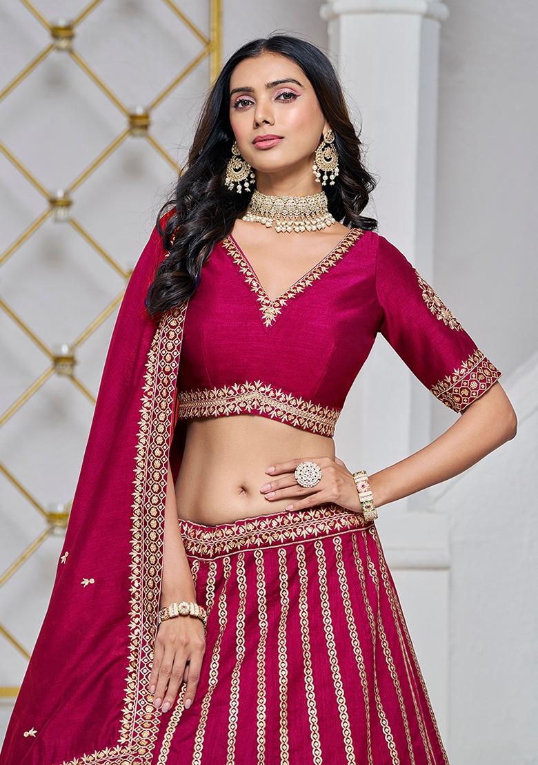 Pink Embroidered Silk Lehenga Set With Dupatta - Indya