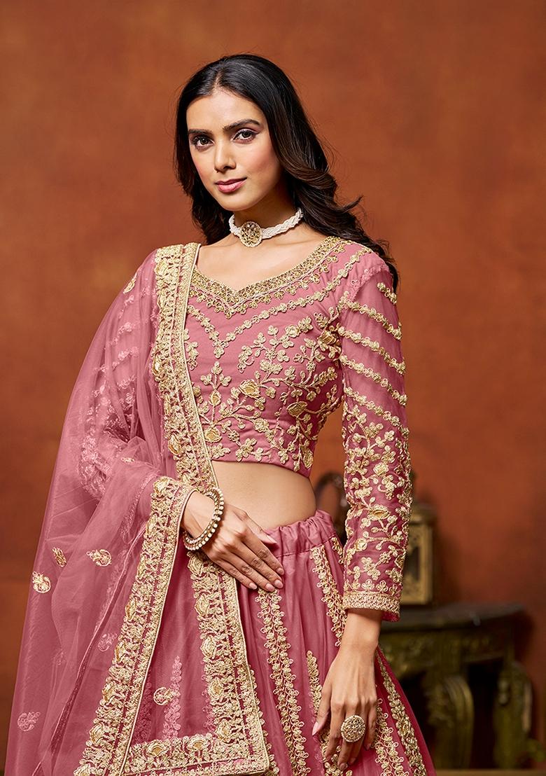 Pink Embroidered Net Lehenga Set With Dupatta - Indya