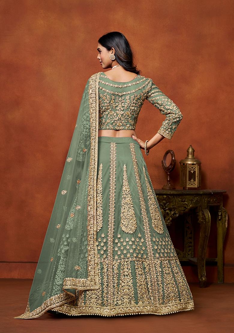 Green Embroidered Net Lehenga Set With Dupatta - Indya