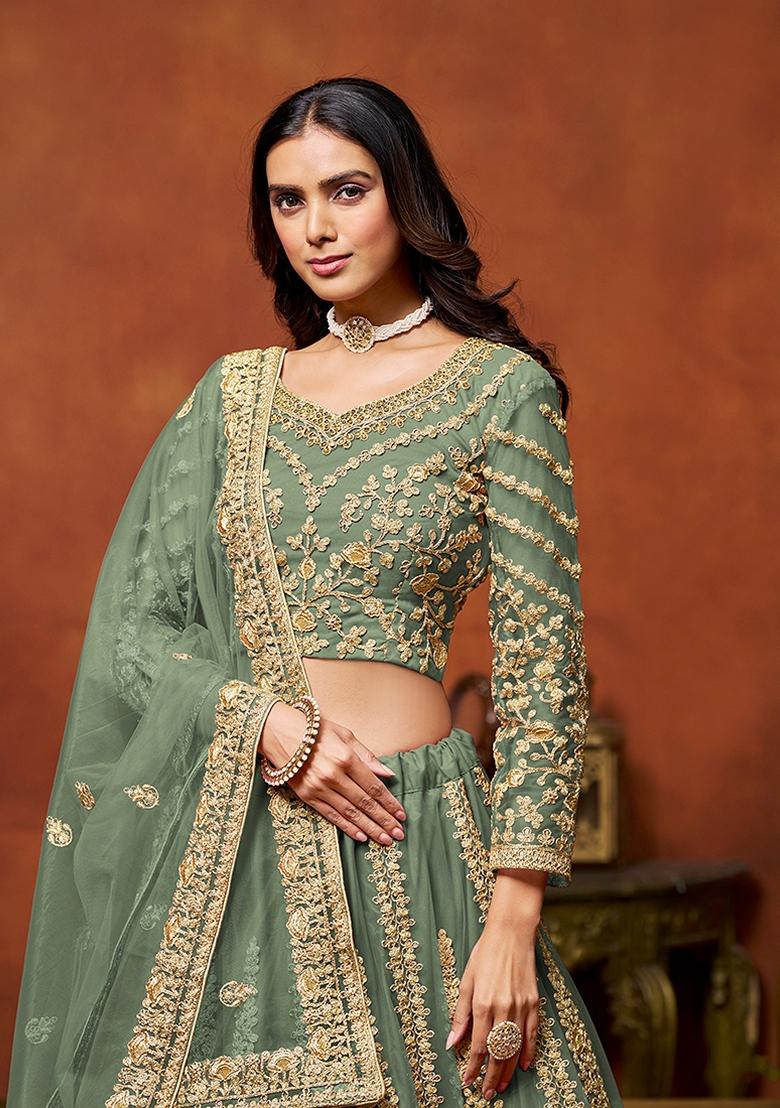 Green Embroidered Net Lehenga Set With Dupatta - Indya
