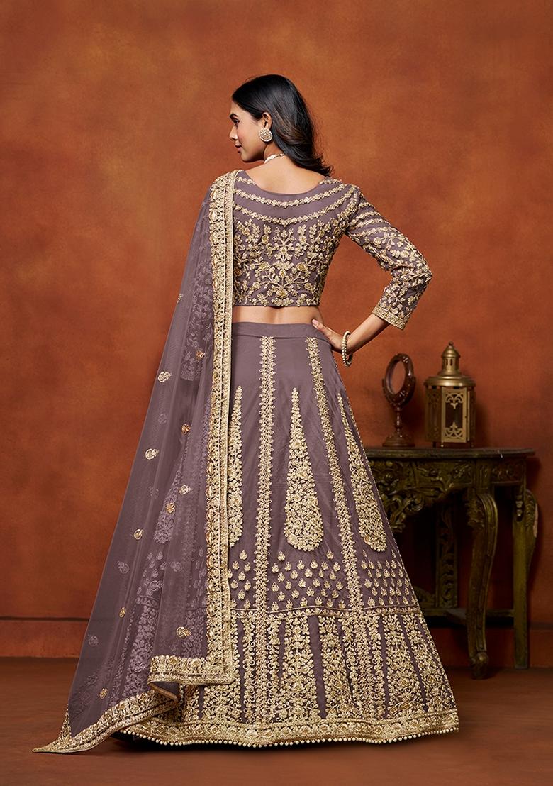 Purple Embroidered Net Lehenga Set With Dupatta - Indya