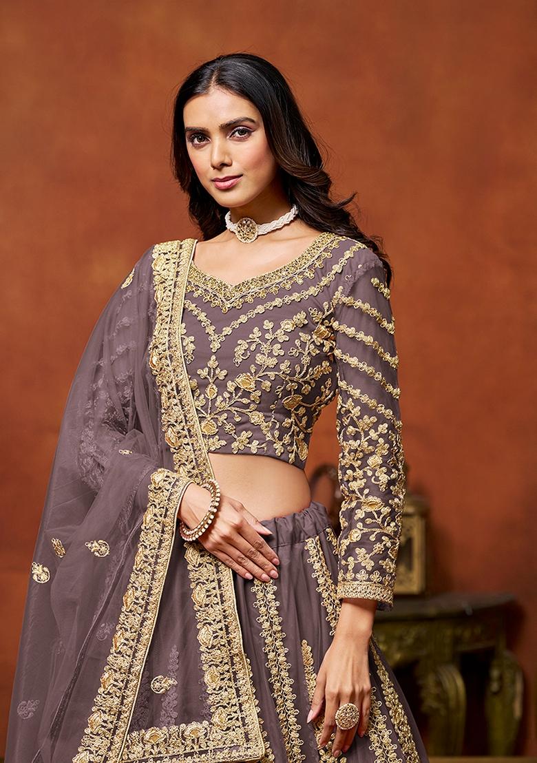 Purple Embroidered Net Lehenga Set With Dupatta - Indya