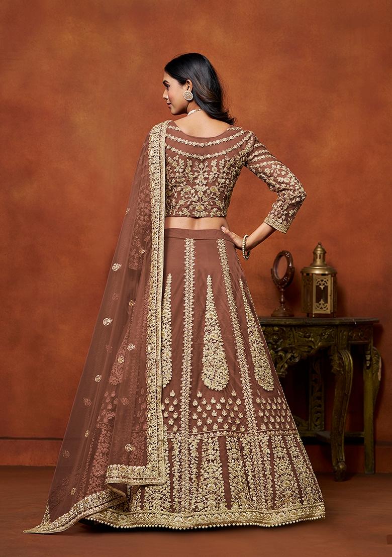 Brown Embroidered Net Lehenga Set With Dupatta - Indya