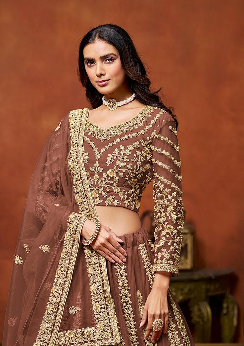 Brown Embroidered Net Lehenga Set With Dupatta - Indya