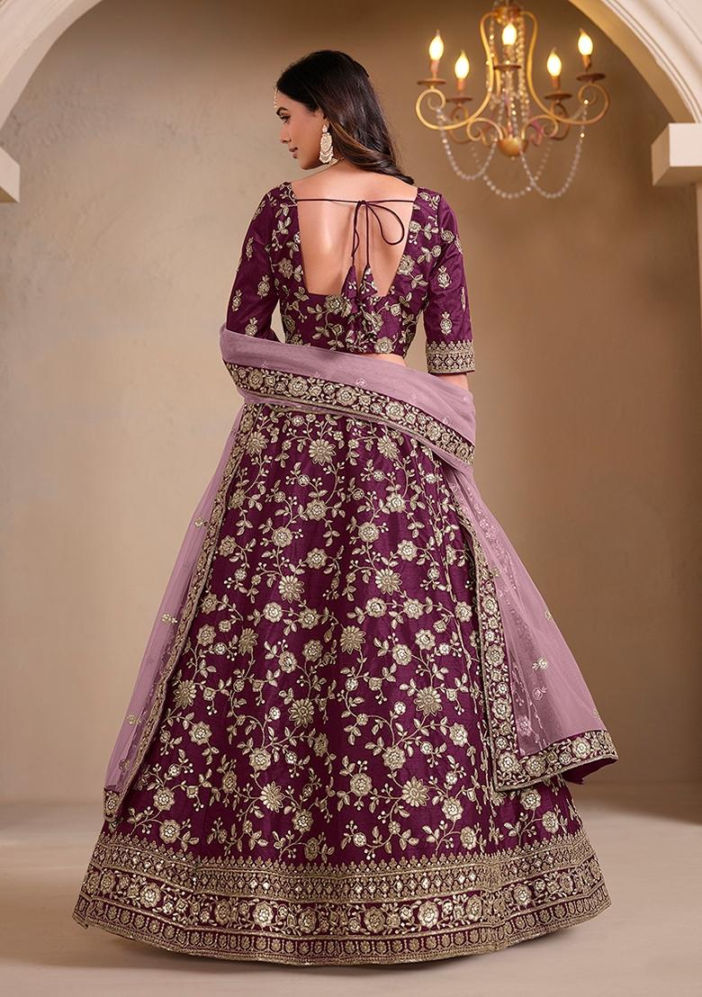 Wine Embroidered Silk Lehenga Set With Dupatta - Indya