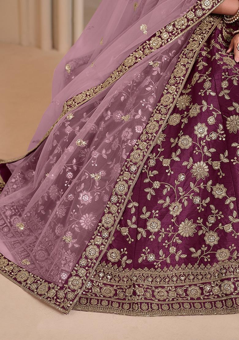 Wine Embroidered Silk Lehenga Set With Dupatta - Indya