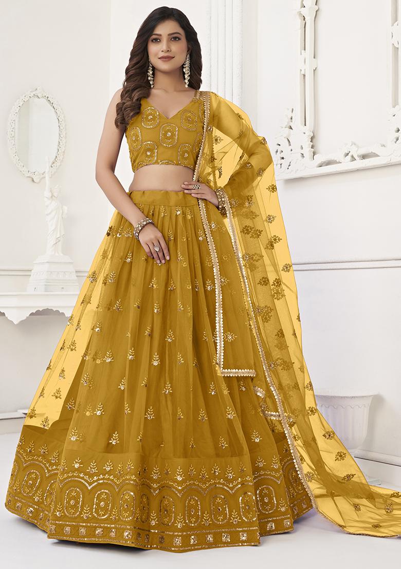Mustard Thread Embroidered Butterfly Net Lehenga Set