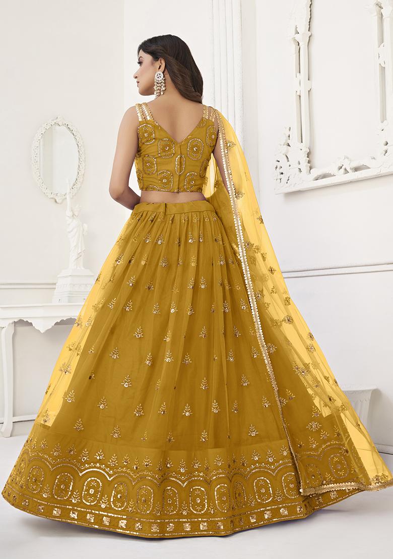 Mustard Thread Embroidered Butterfly Net Lehenga Set - Indya