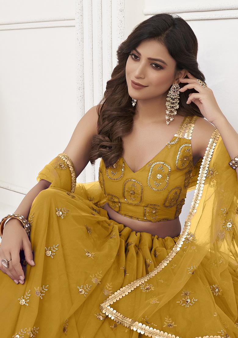 Mustard Thread Embroidered Butterfly Net Lehenga Set