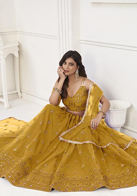 Mustard Thread Embroidered Butterfly Net Lehenga Set