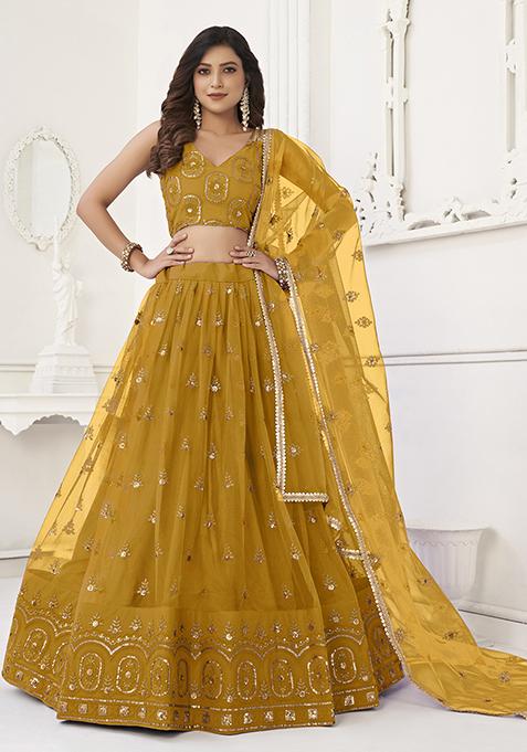 Mustard Thread Embroidered Butterfly Net Lehenga Set