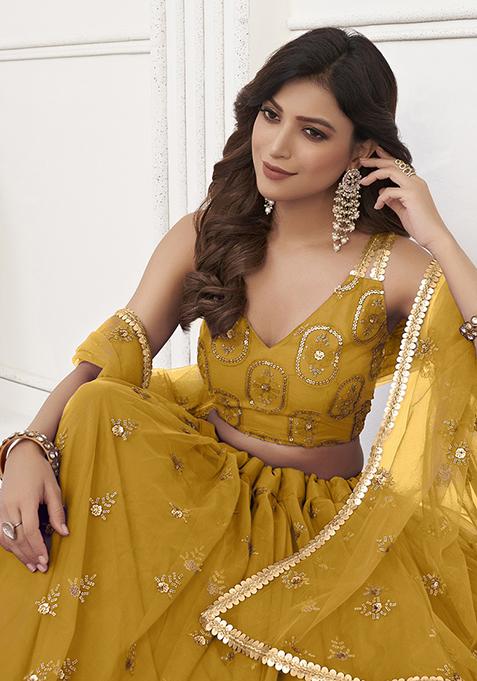 Mustard Thread Embroidered Butterfly Net Lehenga Set