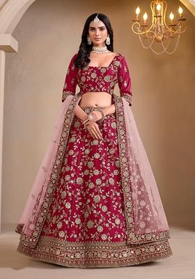 Purple Embroidered Silk Lehenga Set With Dupatta