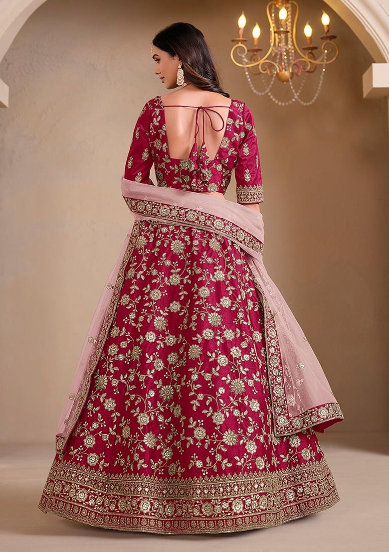 Purple Embroidered Silk Lehenga Set With Dupatta - Indya