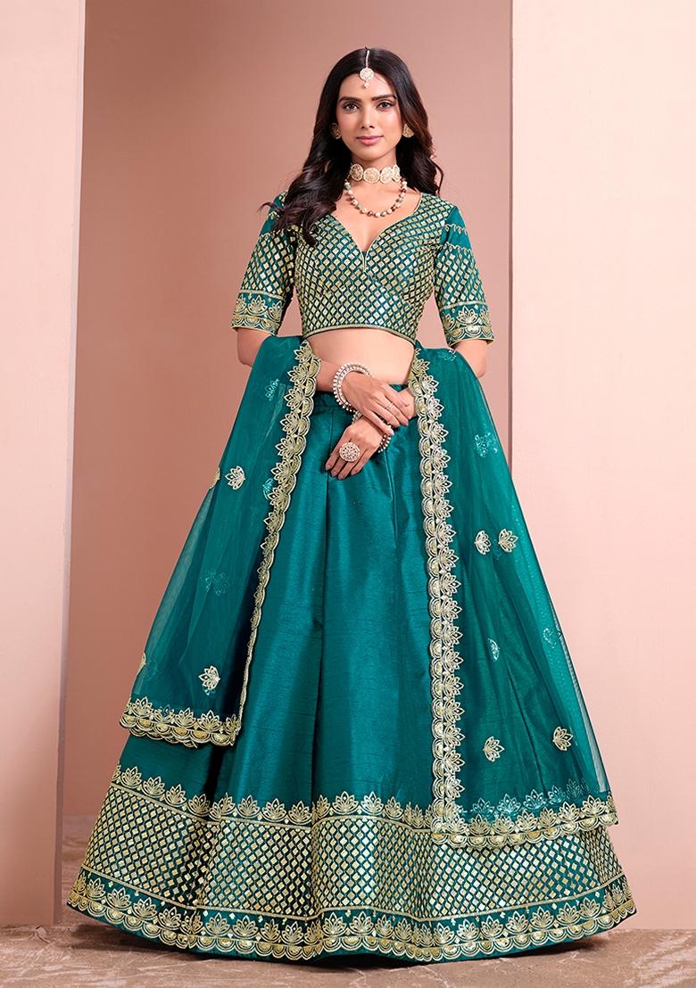 Blue Embroidered Silk Lehenga Set With Dupatta - Indya