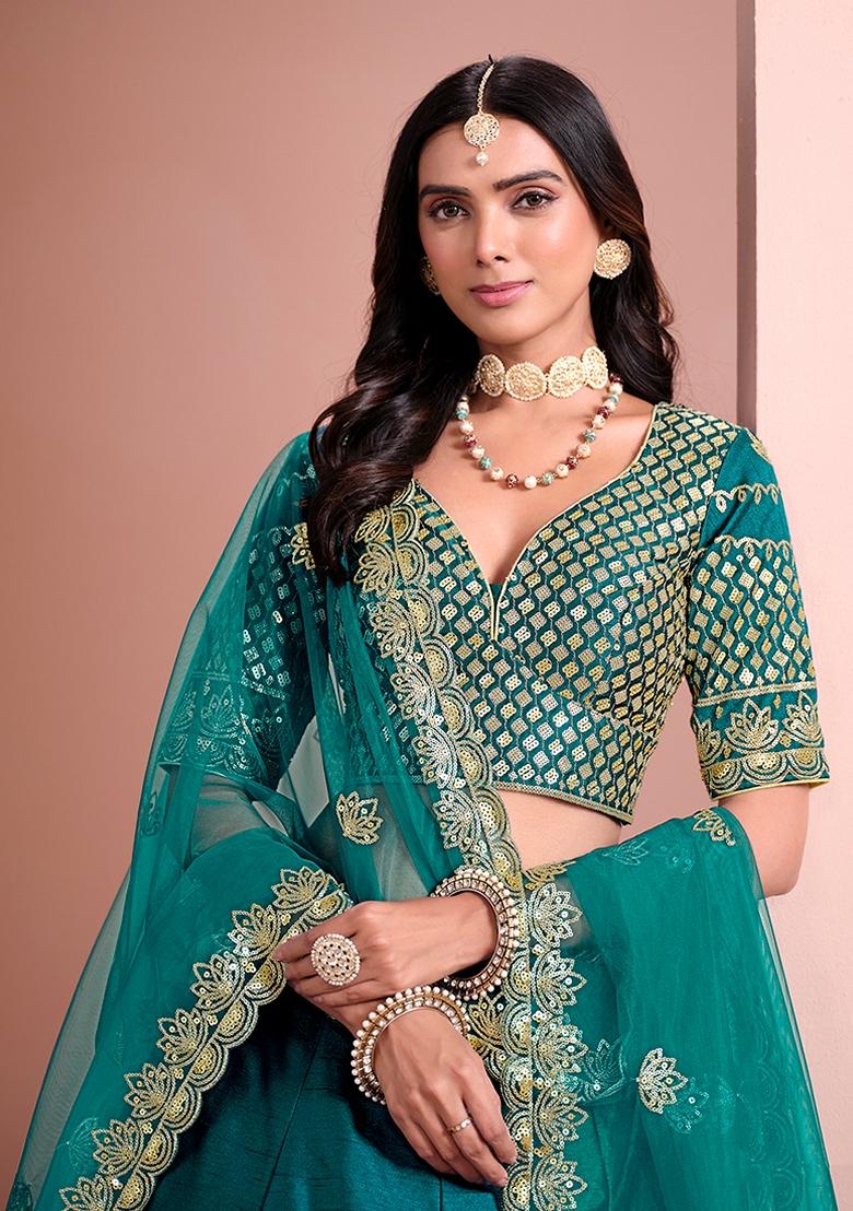 Blue Embroidered Silk Lehenga Set With Dupatta - Indya