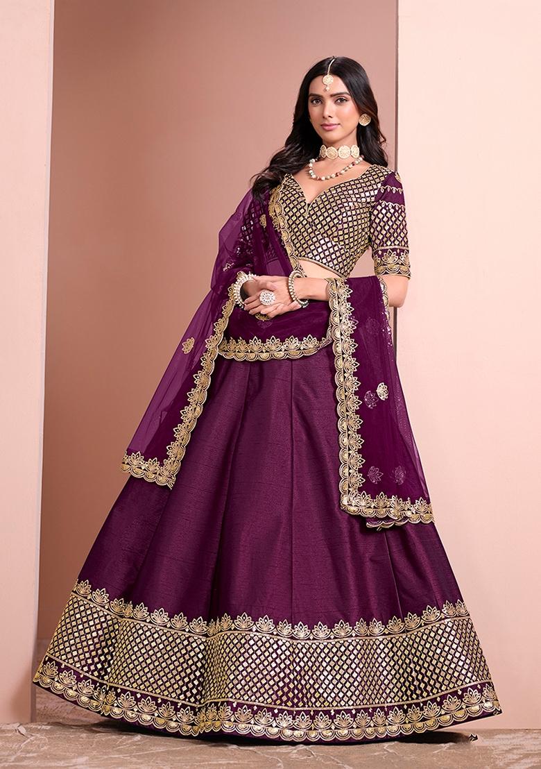 Purple Embroidered Silk Lehenga Set With Dupatta - Indya