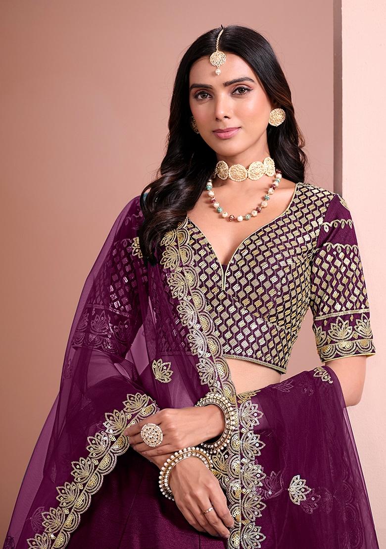 Purple Embroidered Silk Lehenga Set With Dupatta - Indya