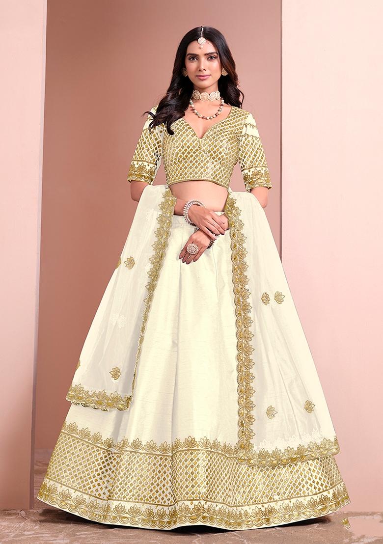 White Embroidered Silk Lehenga Set With Dupatta - Indya