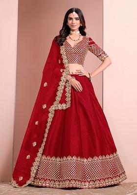 Red Embroidered Silk Lehenga Set With Dupatta