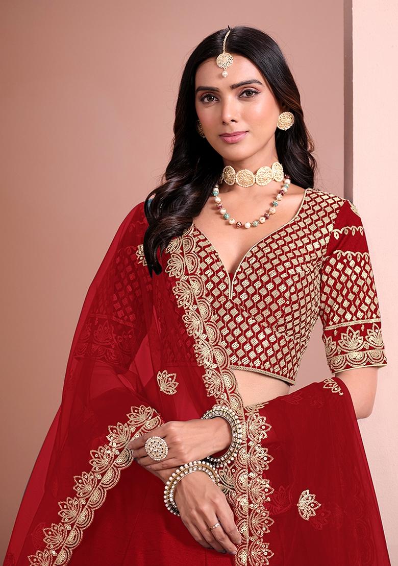 Red Embroidered Silk Lehenga Set With Dupatta - Indya