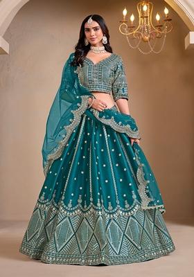 Blue Embroidered Silk Lehenga Set With Dupatta
