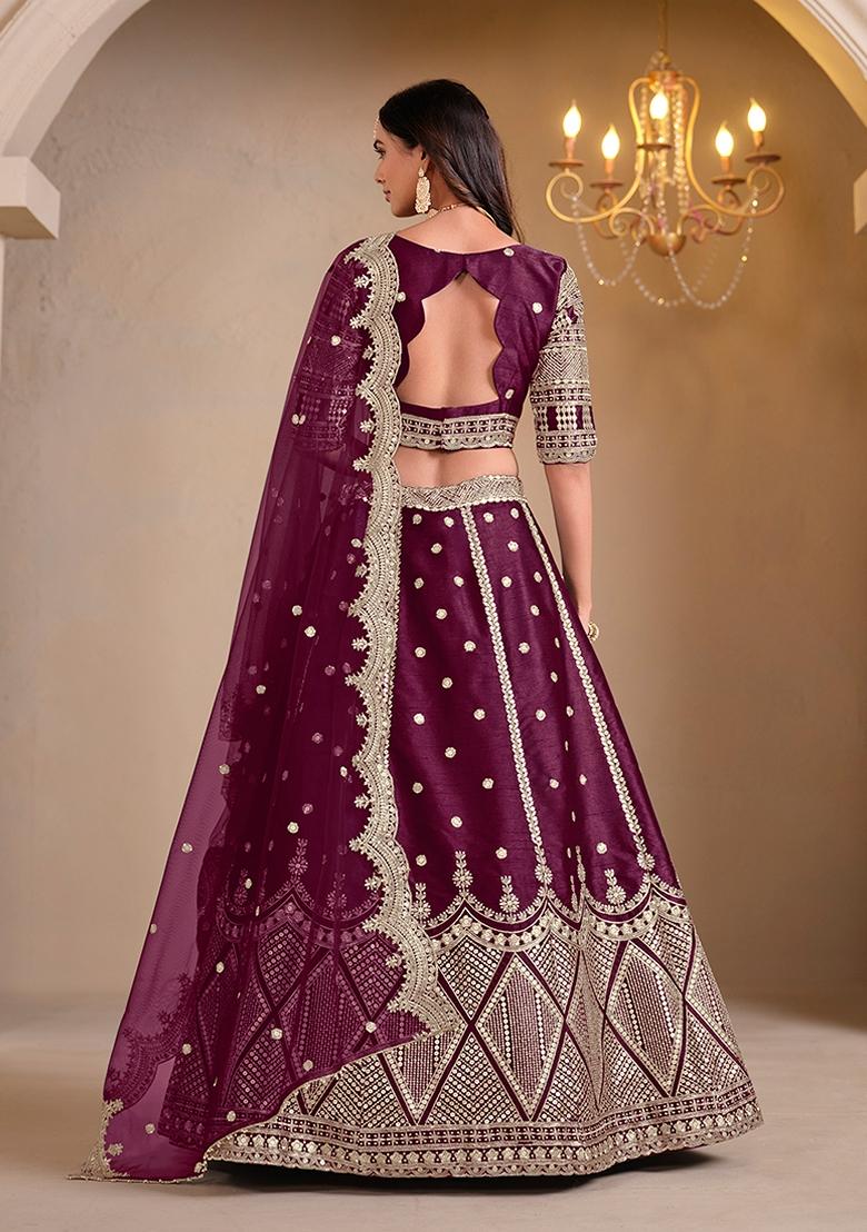 Purple Embroidered Silk Lehenga Set With Dupatta - Indya